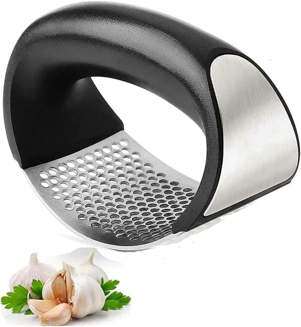 Garlic press in stainless steel with handle, reversible