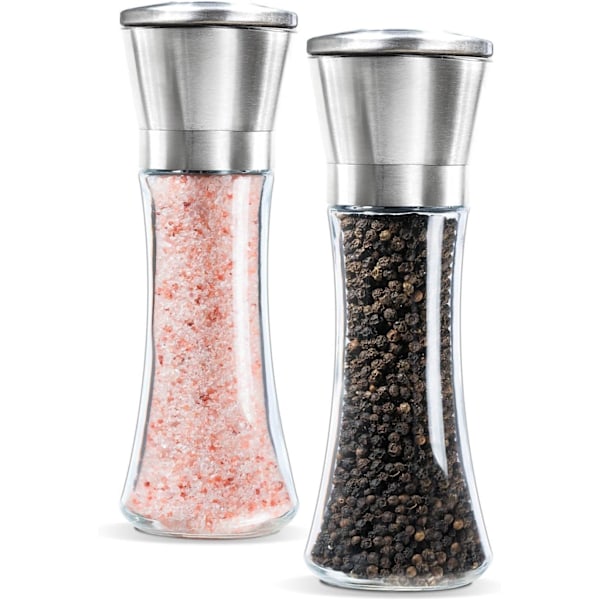Premium Salt och Pepparkvarn Set om 2- Borstat Rostfritt Stål Pepparkvarn och Saltkvarn, 6 Oz Glas Hög Kropp, 5 Grader Justerbar Keramisk Rotor-