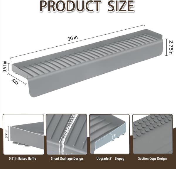 Silicone Sink Splash Guard 10x76 cm with Suction Cups – Grey Splash Protector for Kitchen, Bathroom, Granite and Quartz Countertops