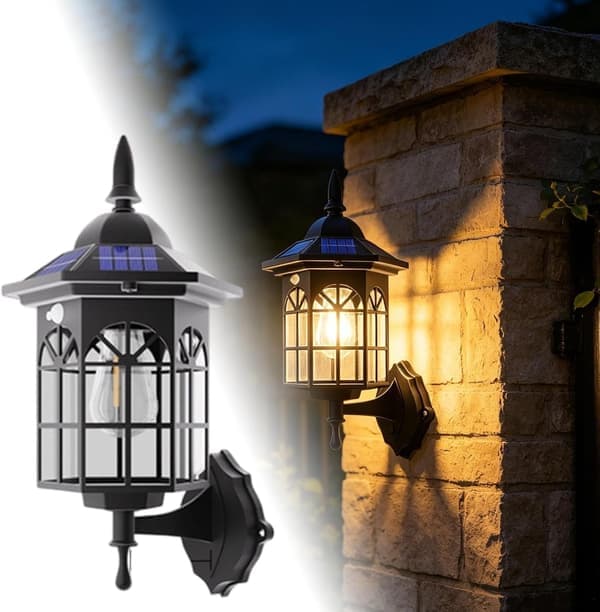 Udendørs solcellevæglampe, rustik lanterne vægmonteret lampe, retro udendørs pæreholder, skumringssensor til veranda havefællesskab