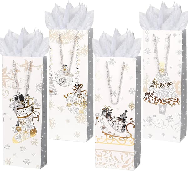 12-pack julvinpåsar presentpåsar för vinflaskor med silkespapper för julfester och vinterhelger (silver)