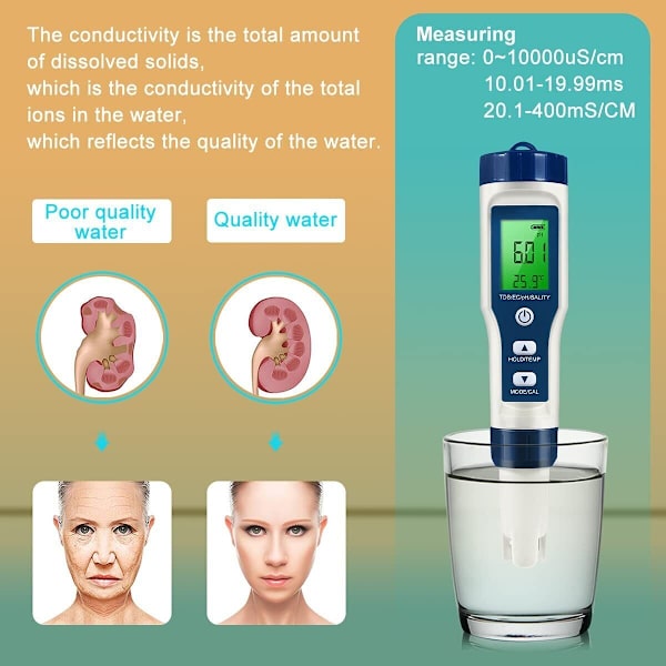Digital PH-värde + TDS-EC Vattenmätare Testare Mätare Akvarium Pool Testare PH0~14; Digital Vatten Testare PH-värde Testare Klor Mätare Mätare