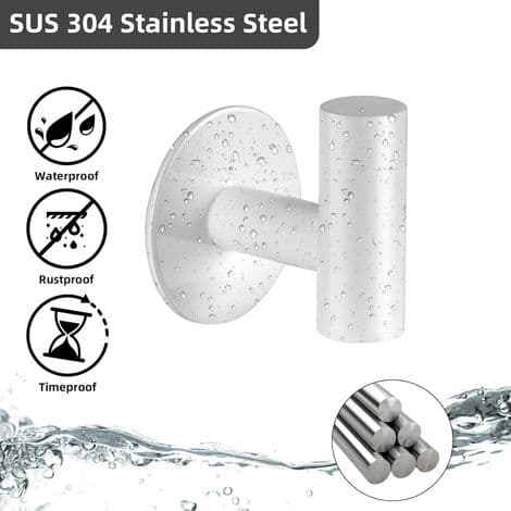 Self-Adhesive Hooks, SUS 304 Stainless Steel Bathroom Towel Holder, No Drilling Required, Rustproof, White