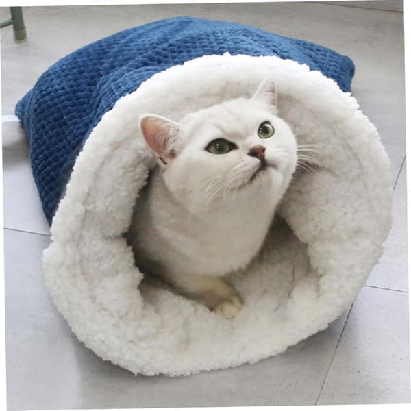 Kattsovsäck, sovsäck för katter, bekväm husdjursmyspåse för katter (blå, stor)