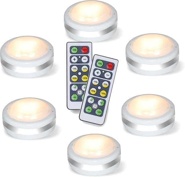 Puck Lights, Battery Operated Lamp with Remote Control, Wireless LED Under Cabinet Lighting, Dimmable Wardrobe Lighting (Natural White 6-pack)