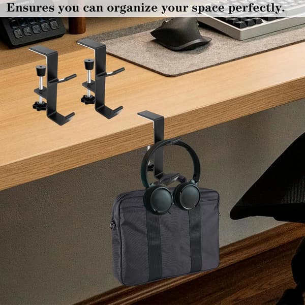 Aluminum Dual Hook Headphone and Backpack Hanger - Under Desk, Universal Gaming Headset Stand - Black