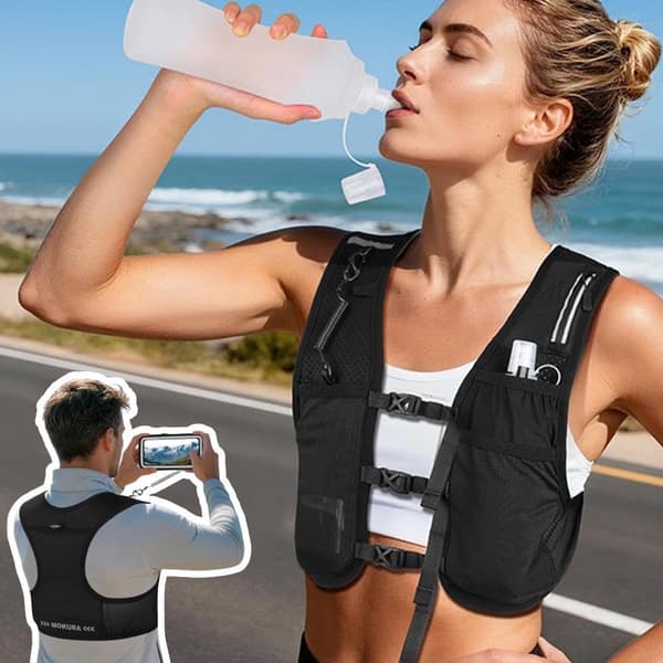 Unisex Running Vest, Adjustable Chest Straps, Hydration Backpack with 500ml Soft Flask - Lightweight Reflective for Marathon, Touchscreen-Friendly Phone Pocket pink