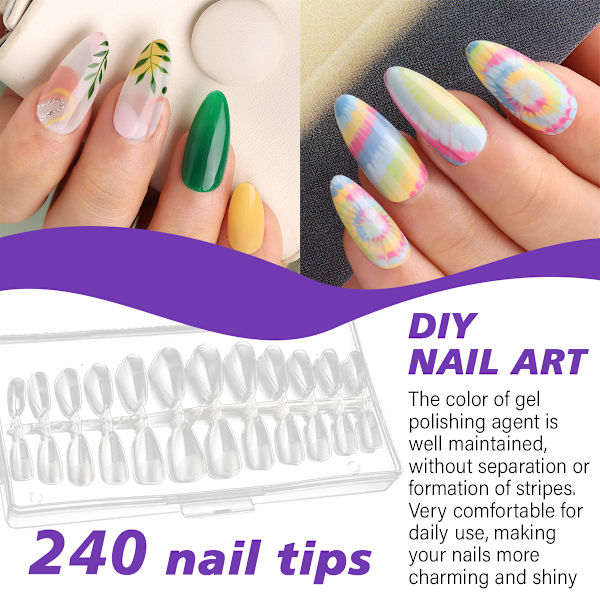 240 st nagelspetsar, med verktygssats, falska naglar transparenta, full cover gelspetsar, nagelspetsar i 12 storlekar, konstgjorda naglar för att fästa på nagelspetsar