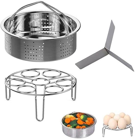 3-delt tilbehørssett egnet for trykkokere, inkludert en dampkurv i rustfritt stål, en eggdampkurv og en dampstativ.