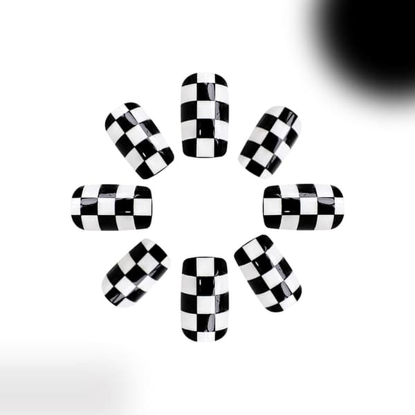 Short Square Black White Plaid Pattern Glossy Glue Nails Full Cover Artificial False Nails Gel Set