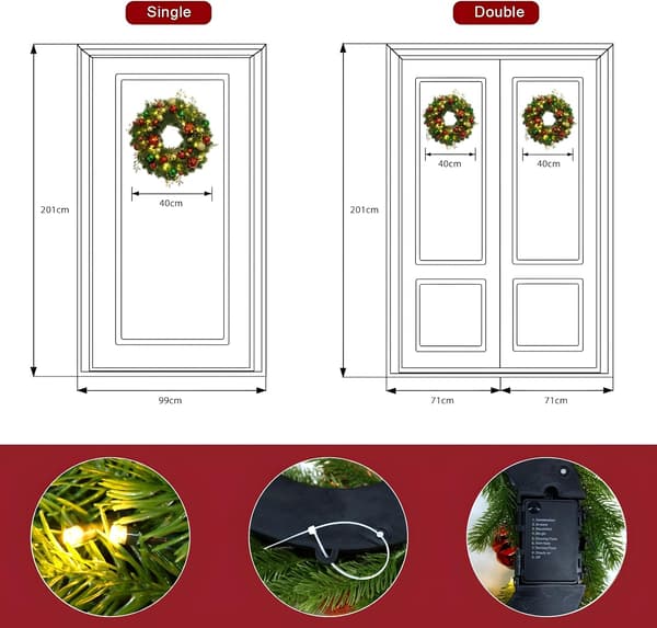 40 cm julekrans med lys Julekranslys Batteridrevet med timer 8 moduser Lysende julekrans