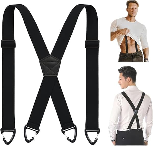 Selar til menn X-form – 3,8 cm bred elastisk stropp med 4 karabinkroker – Justerbare sklisikre seler til arbeidsbukser
