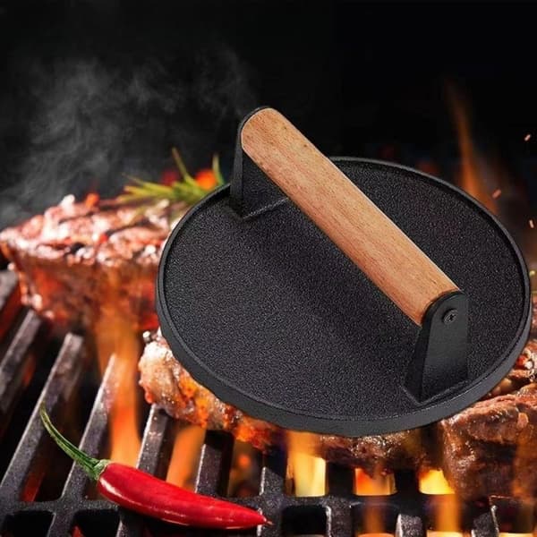 Round Cast Iron Burger Press with Wooden Handle for Flat Top Griddles, Sandwiches