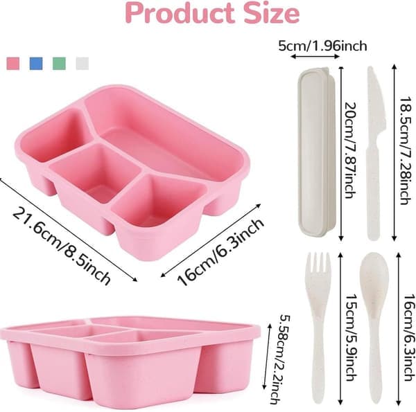 Four-piece BPA-free lunch box with five compartments Includes spoon and fork Portion control Reusable for school, work, and picnic Stackable Compact