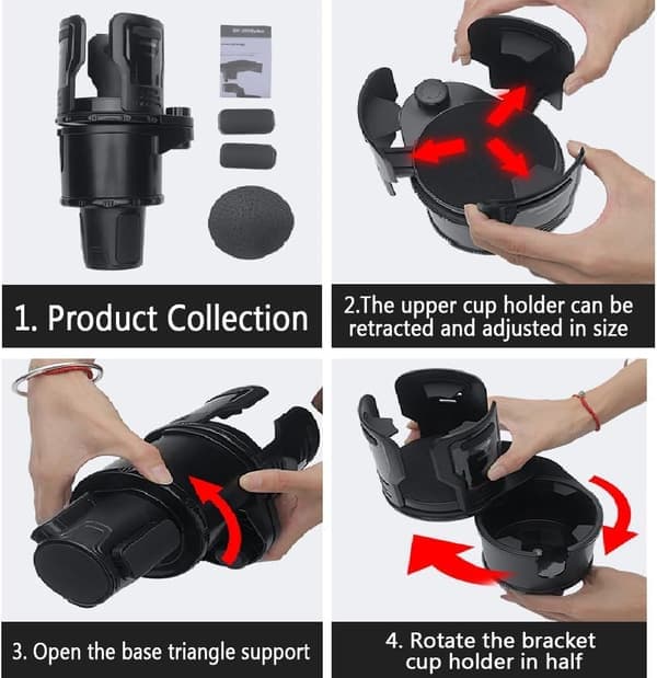 Upgraded Double Cup Holder Expander - 2-in-1 Locking 360° Rotatable Car Drink Holder with Adjustable Base for Large Bottles