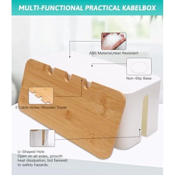 Set of 3 Cable Storage Boxes, Cable Management Boxes, Cable Storage Boxes with Bamboo Lid, Cable Storage Boxes to Hide Cables. Organize