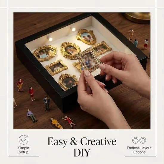 DIY Shadow Box - 25.5 x 25.5 cm - Mini Photo Frame with LED - DIY Mini Museum Silhouette Box - Complete Set with 8 Miniature Figures & 8 Gold Frames