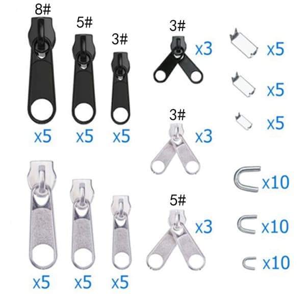 Sæt, 85 dele lynlås reparationssæt, 3 mm, 5 mm, 8 mm metal lynlås - Perfet