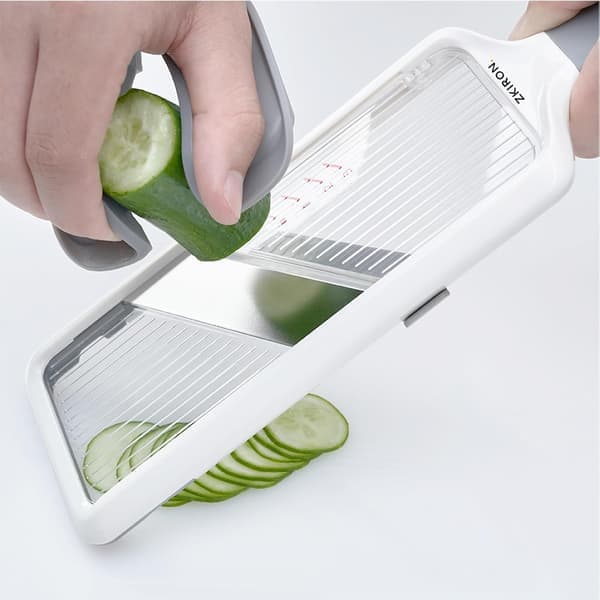 Handheld Mandoline with 3 Adjustable Thicknesses (1-3mm) & Food Holder - Safe Potato & Cucumber Slicer, Easy Cleaning (Grey)