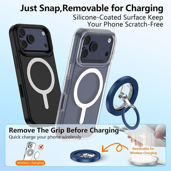 Magnetisk telefonringhållare – Kompatibel med iPhone, Samsung och magnetiska bilfästen; Stöder 360° rotation och dubbelsidigt grepp – Blå Sapphire blue