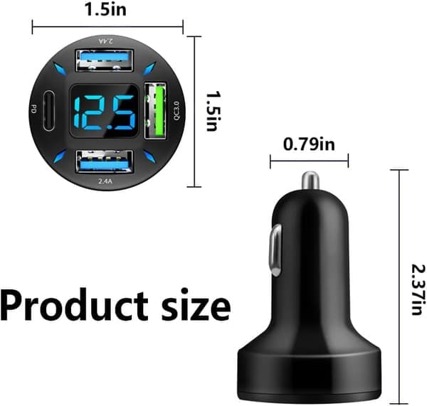 Car Charger 66W Super Fast Charging with USB PD&QC 3.0 (Voltmeter&LED Lights) Universal Fast Charging