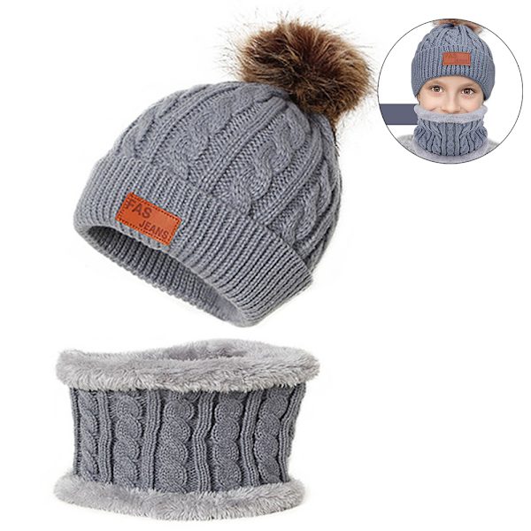 Barn Vinter Pom Beanie Hat Scarf Set för Små Flickor Varmt Stickat Fleece Foder Slouchy Skull Cap beige
