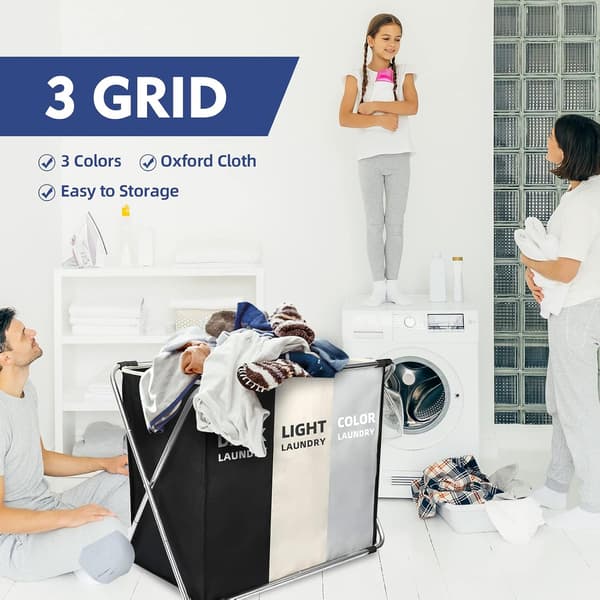 This laundry basket has a foldable design with three compartments and an aluminum frame, making it ideal for use in bathrooms and bedrooms.