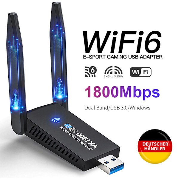 WLAN-adapter USB 3.0-stick 1800 Mbps WiFi Dual Band 5 GHz antenn PC Bluetooth DE