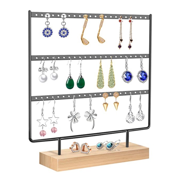 Örhängen Organizer 3-lager Smycken Organizer Display Stand, Metall Örhängehållare med trä Basic Stand, Halsband Förvaringsfack
