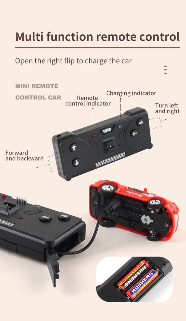1:45 Mini fjernstyret bil sæt i dåse - Kræver 2 AA-batterier (medfølger ikke), LED-lys blå Blue