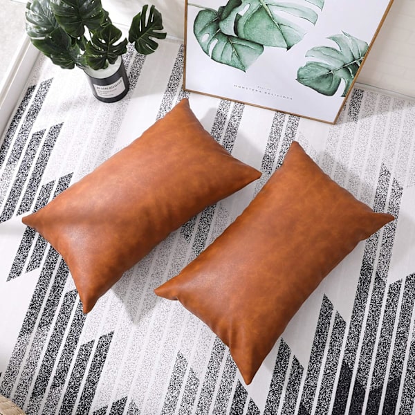 Faux läder lantlig kuddfodral 12x20 tum, modernt lantligt dekorativt kuddfodral för sovrum vardagsrum soffa brun accent
