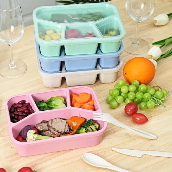 Four-piece BPA-free lunch box with five compartments Includes spoon and fork Portion control Reusable for school, work, and picnic Stackable Compact