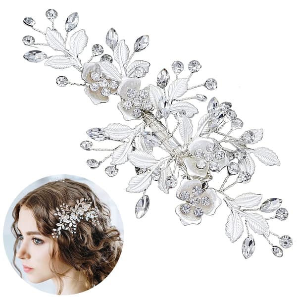 Brudehårspenne Krystall Perle Blomst Rhinestone Hodeplagg for Kvinner og Jenter Bryllupsfest Sølv
