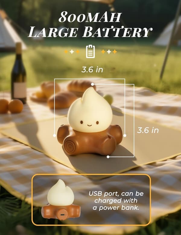 Chibi Campfire Night Light Silicone LED Flickering Flame Light Dimmable Rechargeable Bedside Lamp Anime Kawaii Lamp Decor