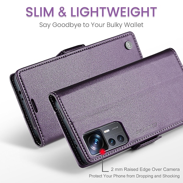 Caseme 023-serien för Xiaomi 12t 5g / 12t Pro 5g / Redmi K50 Ultra Phone Case Rfid Blocking Pu Leather Flip Cover Purple Purple