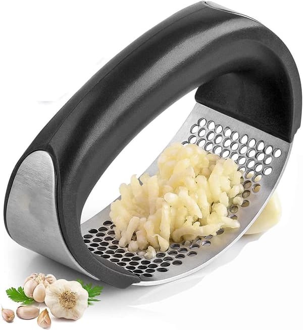 Garlic press in stainless steel with handle, reversible