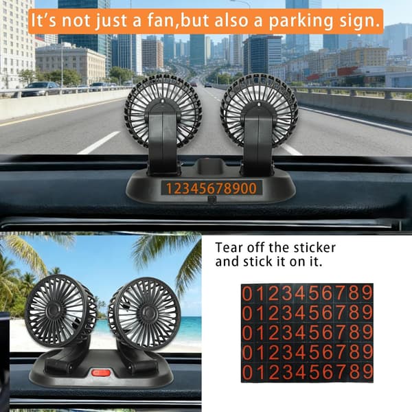 Adjustable Dual Head Car Cooling Fan - Brushless Motor - 2 Speeds, 360° Rotation, for Car Dashboard, Powerful Cooling Solution.