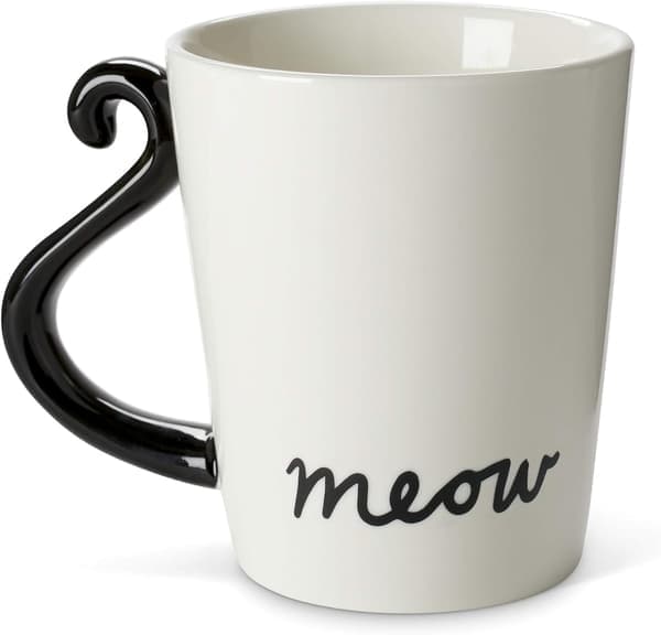 Black Cat Ceramic White Coffee or Tea Cup. Animal Shaped Mug with Hand-Printed Pattern
