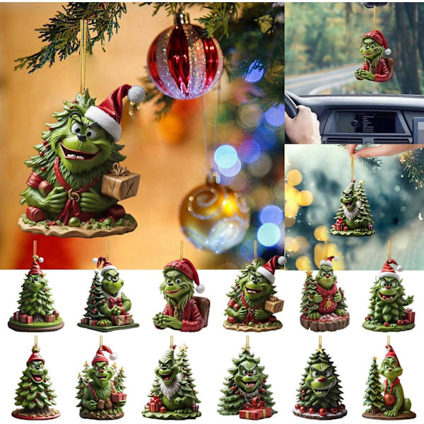 12-pack julgranshängande prydnader, Grinch-hängen som Grinchen jul för hem, semester, fest, dekor