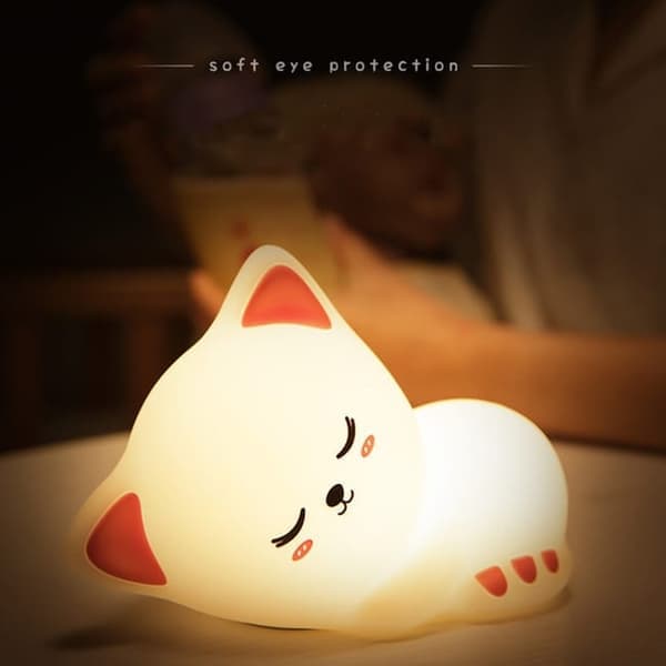 LED Sovende katt Silikonpære - 7 Farger Dimbar - USB-Lading - For Barneseng