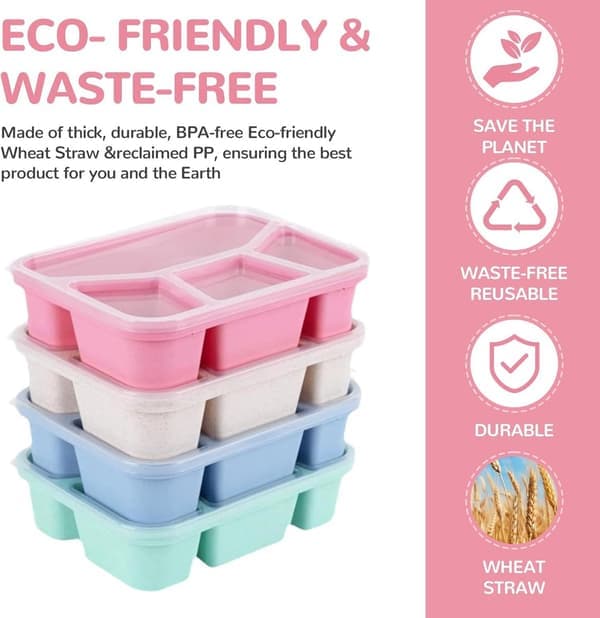 Four-piece BPA-free lunch box with five compartments Includes spoon and fork Portion control Reusable for school, work, and picnic Stackable Compact