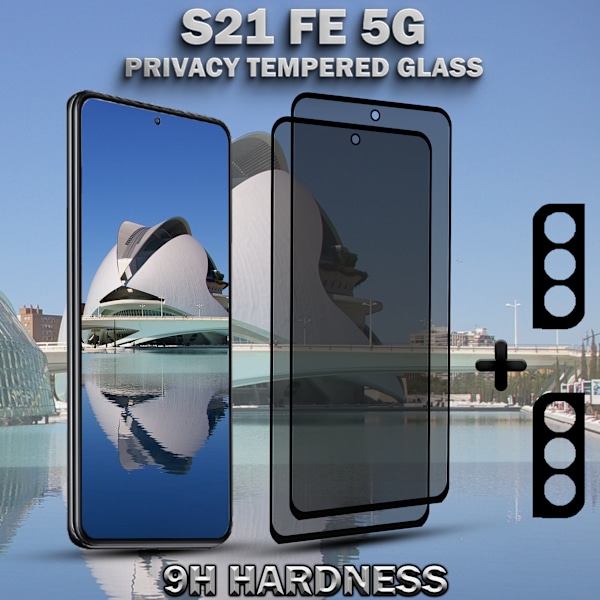 2-Pack Privacy SAMSUNG S21 FE 5G Skärmskydd & 2-Pack linsskydd - Härdat Glas 9H - Super kvalitet 3D