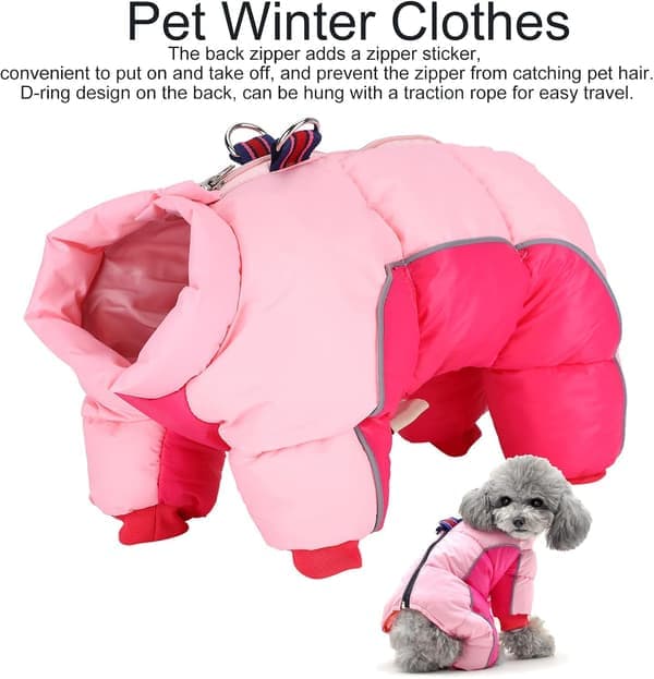 Dog Winter Clothes Windproof & Warm | Back Zipper Design & D-ring | Reflective Stitching for Night Visibility | Pink Pet Jacket for Small Dogs