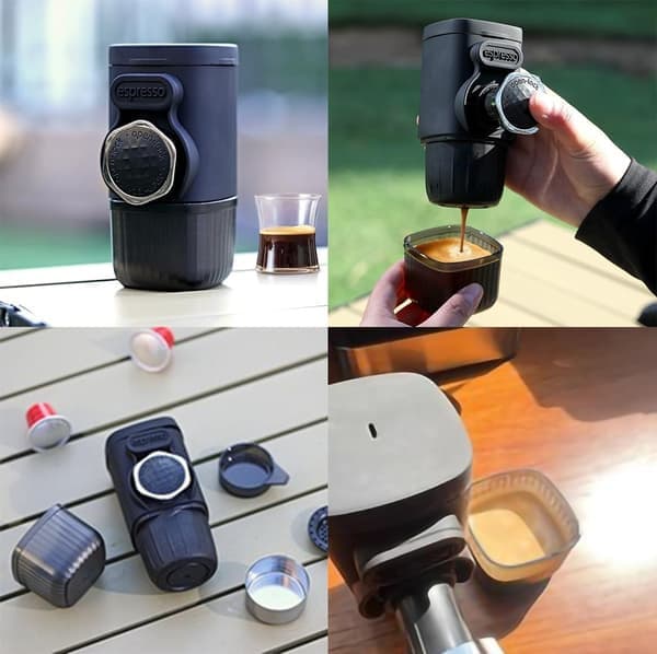 Bærbar håndpresse kaffemaskin med kapselrom og kaffepulverskål