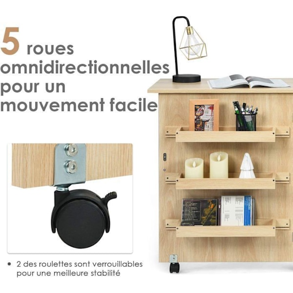 COSTWAY Fällbart Sybord - 3 Lådor och 1 Förvaringshylla - Låsbara Hjul för Vardagsrum, Kontor, Studio Naturlig