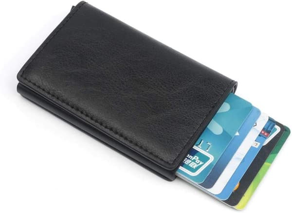 Minimalist Leather Wallet for Men with Clip, RFID Blocking and Automatic Aluminum Card Holder - Black