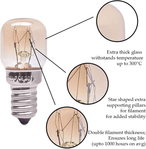 3-pack light bulbs for ovens and refrigerators, small E14 15W <300°C dimmable dwarf bulbs for ovens, Himalayan salt