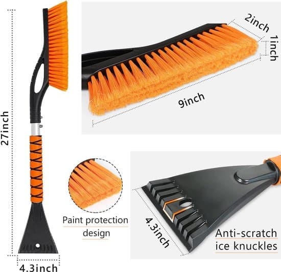 2-in-1 Ice Scraper with Brush for Car - 27-inch Window Scraper - Snow Brush with Window Scraper and De-icer - Winter Window De-icing Tool