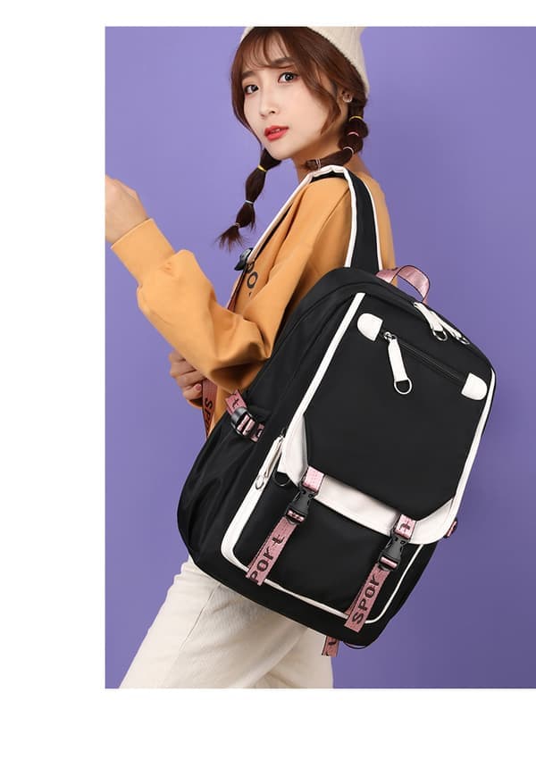 School Bag Large Capacity Backpack Multi-layer Shoulder Bag - Black with White