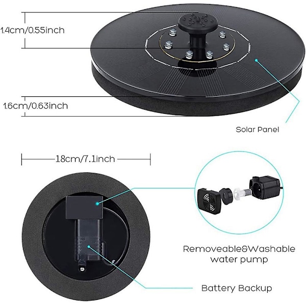 Solcellsfontänpump med LED-lampor, inbyggt 2000MAh-batteri, flytande vattenfontän för utomhus, trädgård och damm